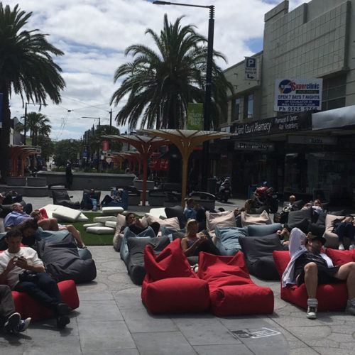 guests love bean bags during pop up cinema in Acland Village, Melbourne
