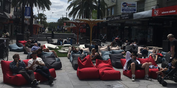 bean bags made Valentines day sweeter during pop up cinema in Acland street Village, Melbourne